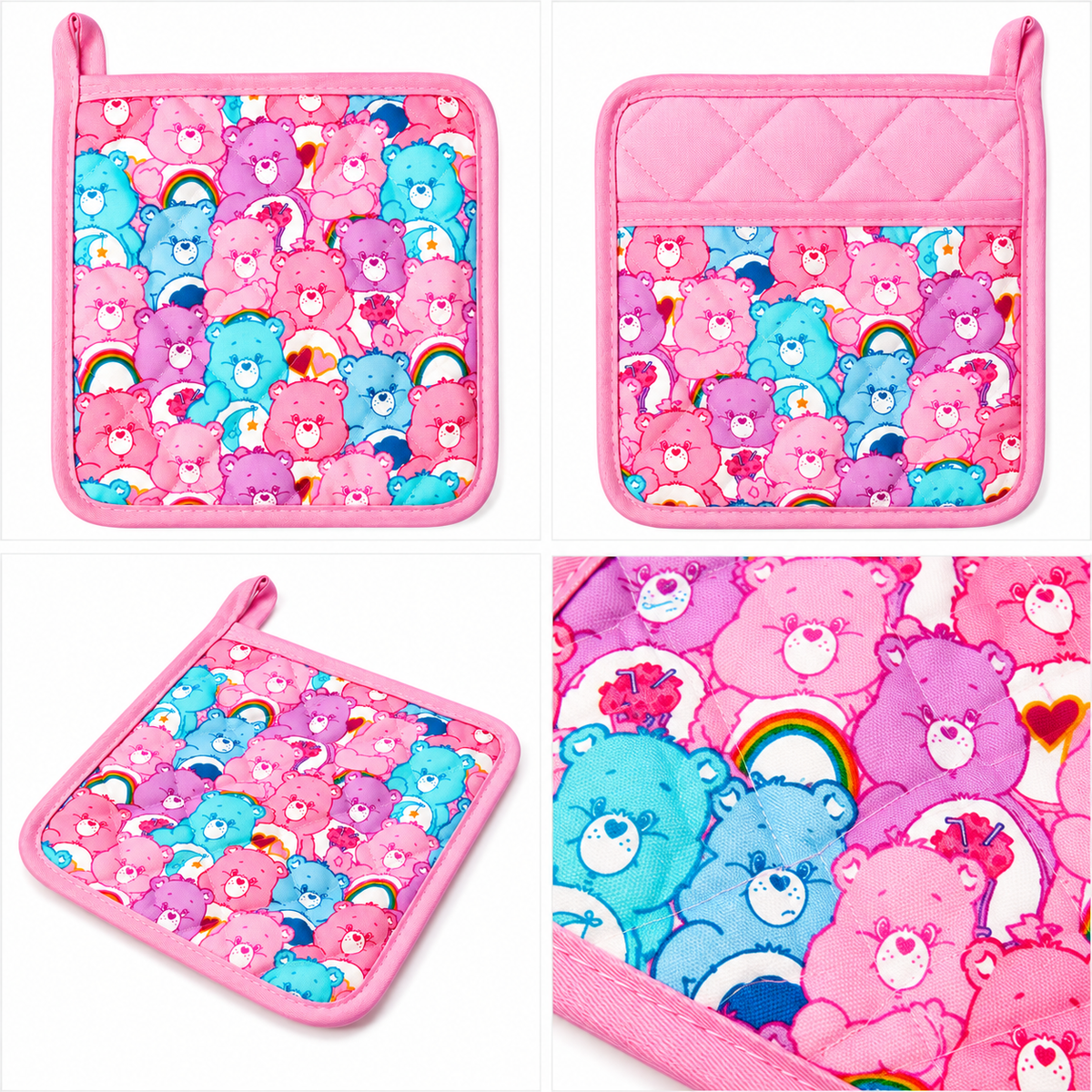 Care Bears pink all-over print pot holder variant on white background