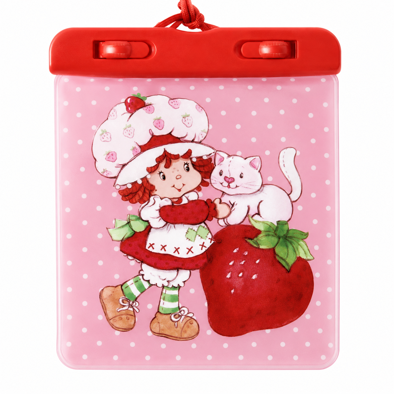 Close-up of Strawberry Shortcake and Custard artwork on waterproof phone pouch