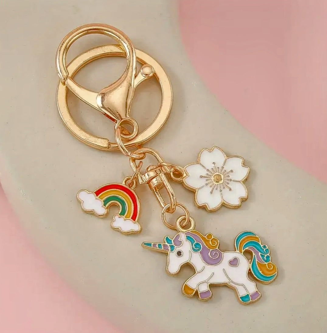 Funky Rainbow Unicorn Keychain – Colorful Pony & Cherry Blossom Bag Charm