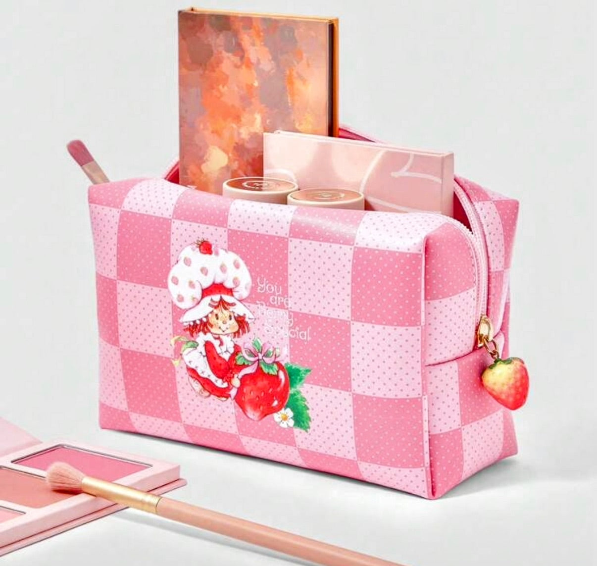 Strawberry Shortcake Pink Plaid Makeup Bag