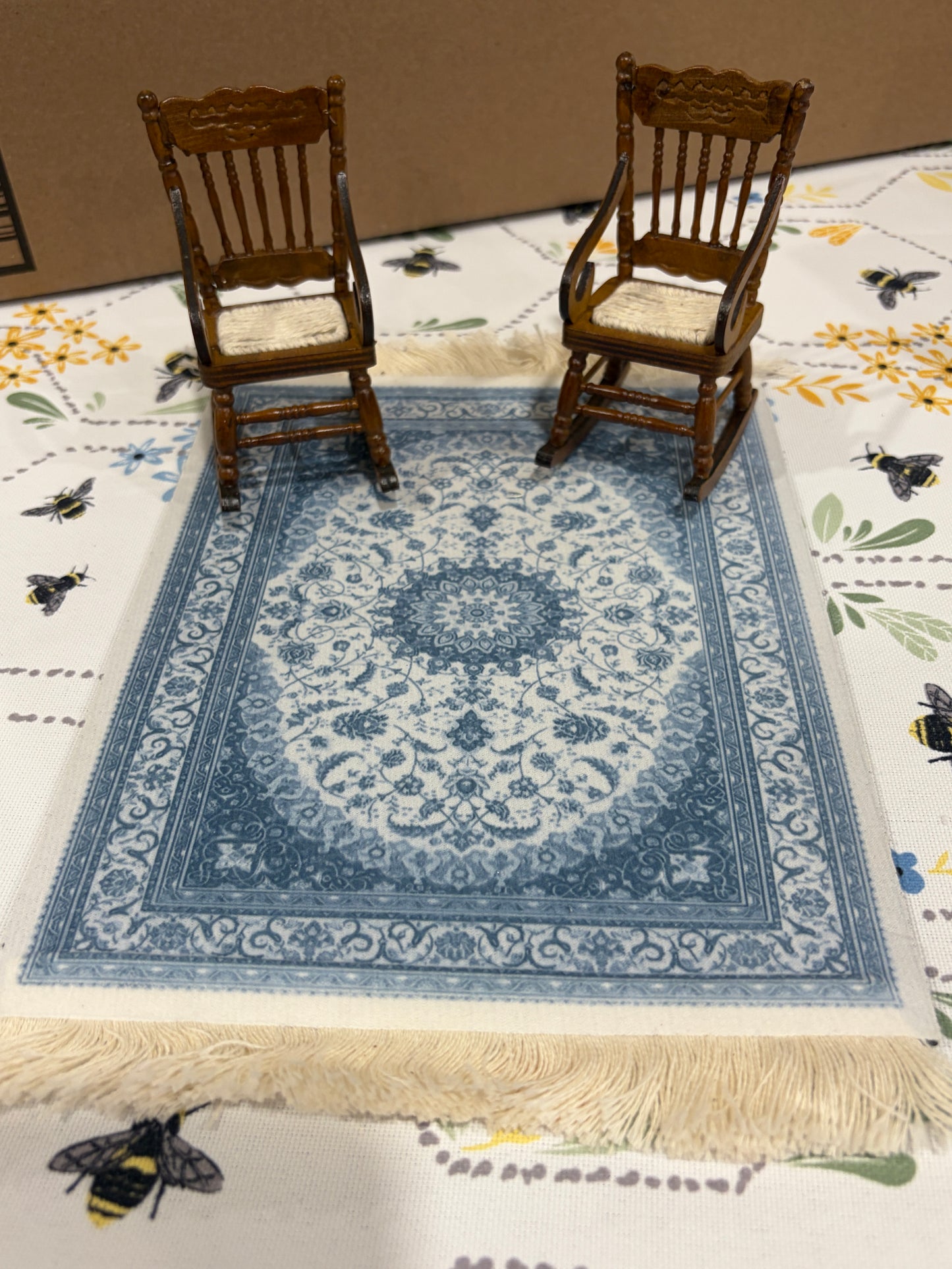 1:12 Scale Miniature Blue & Cream Vintage Area Rug