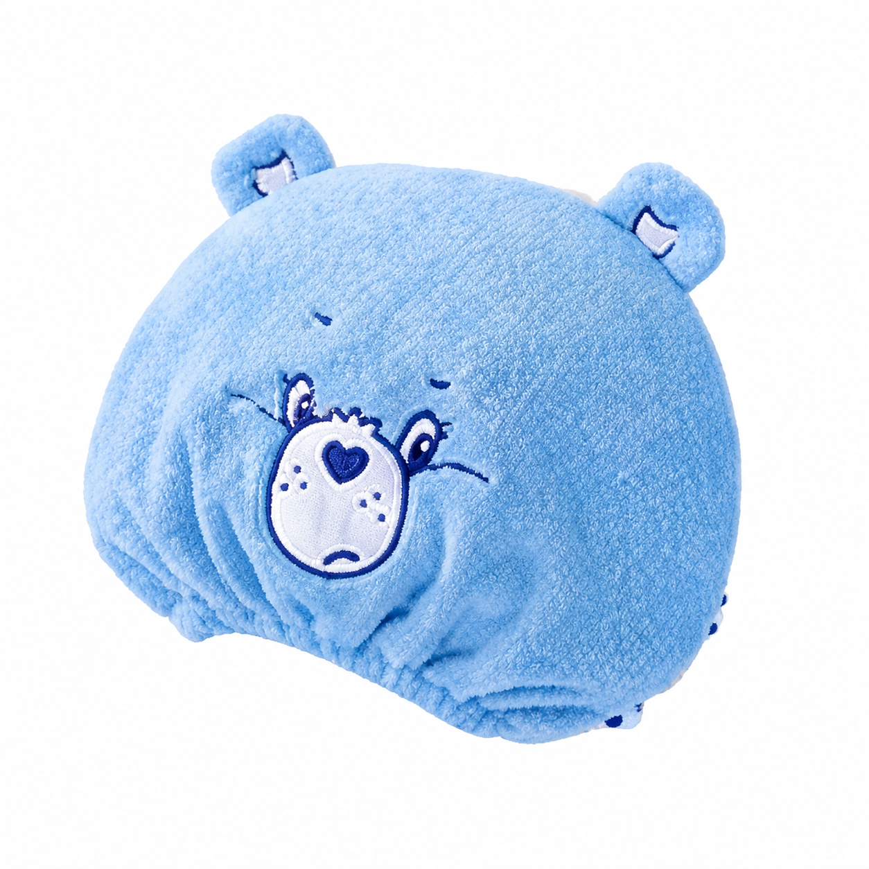 Care Bears embroidered blue dry hair cap angled view on white