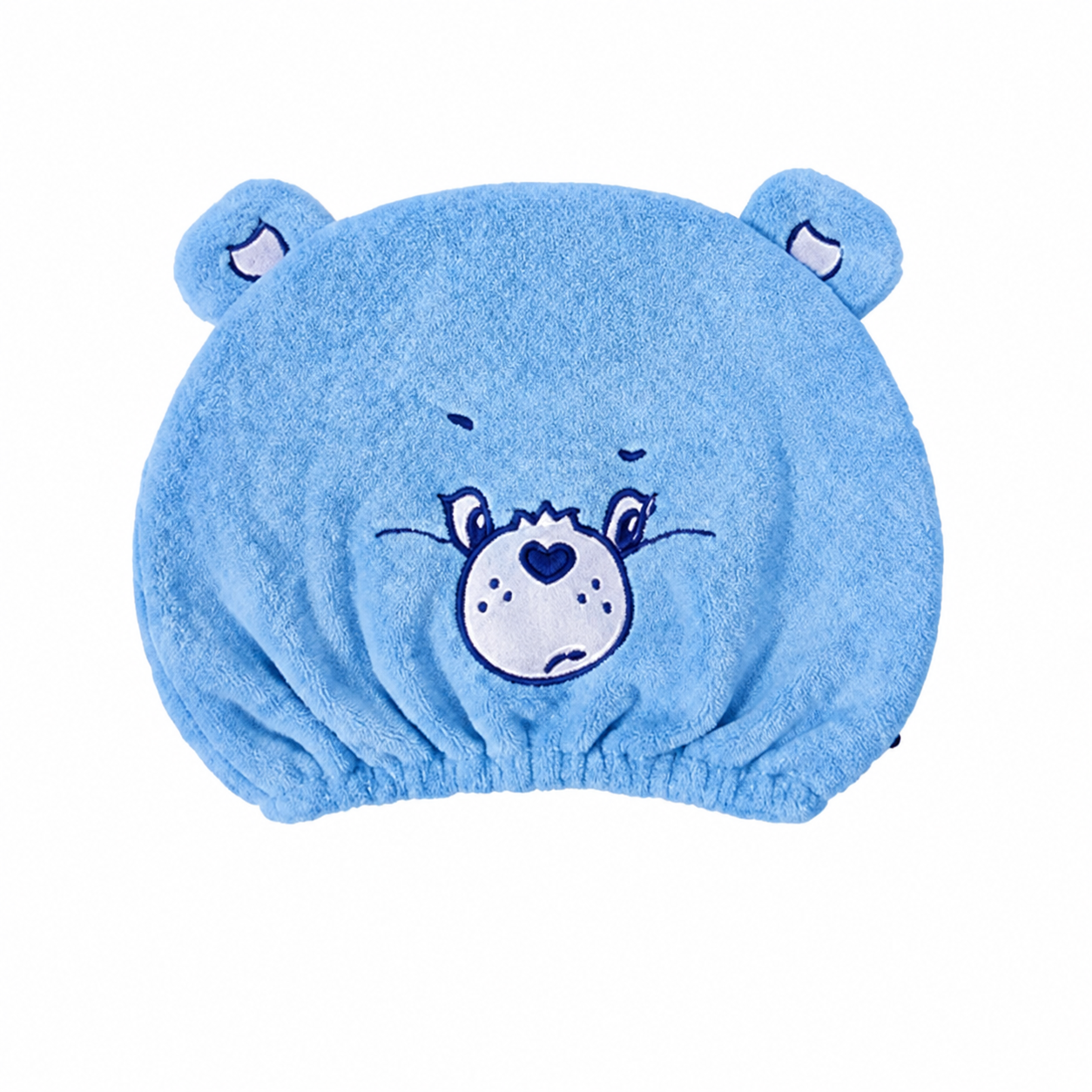 Care Bears embroidered blue dry hair cap size guide on white