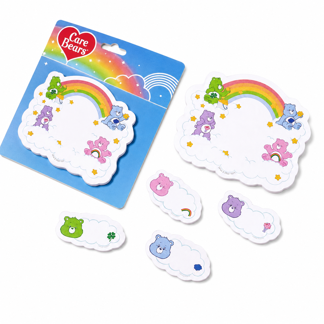 Care Bears sticky note pad and four coordinating sticky tabs on a white background