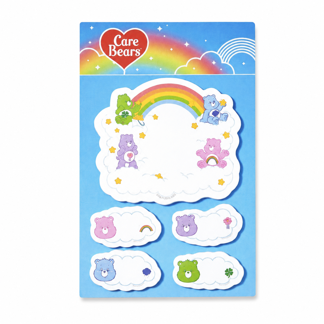 Front view of Care Bears cloud sticky note pad on a white background