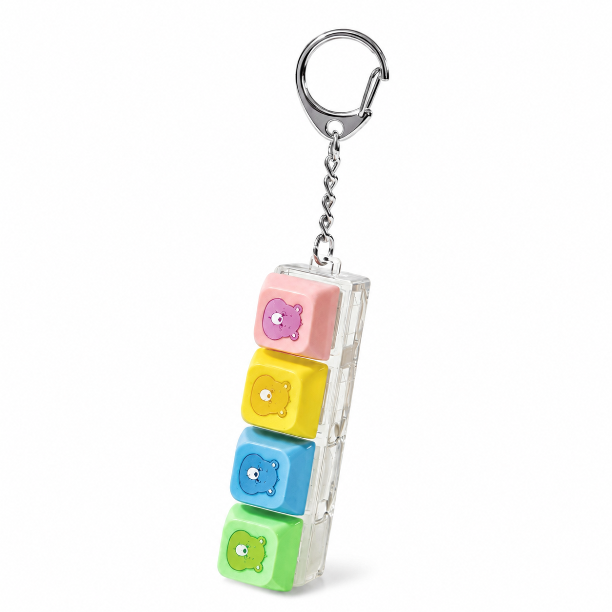 Angled view of Care Bears four-button fidget keychain