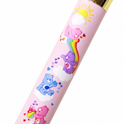 Close-up of Care Bears artwork on pink makeup brush handle