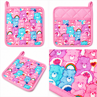 Care Bears pink all-over print pot holder variant on white background