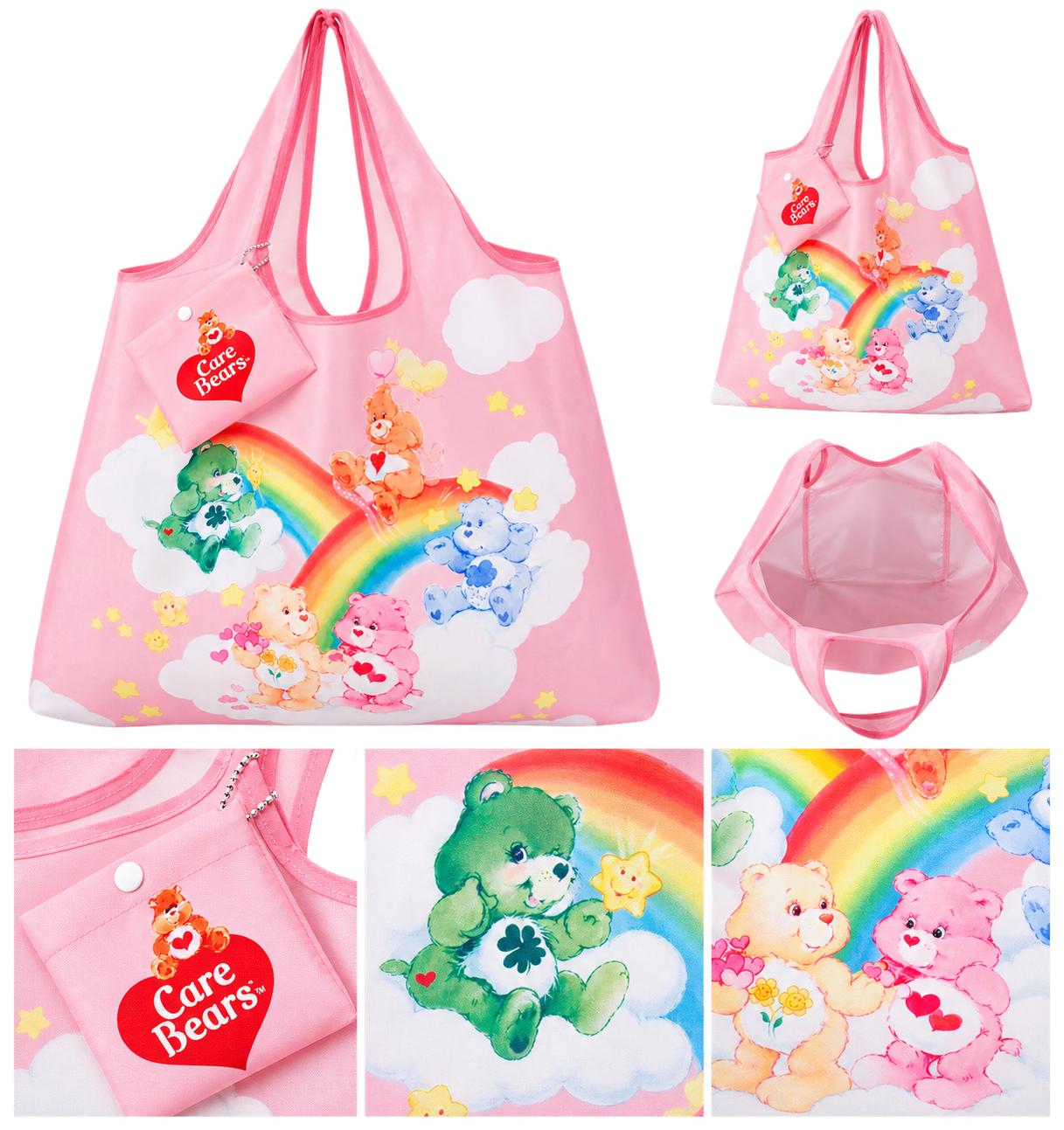 Care Bears pink rainbow tote bag with matching pouch on white background