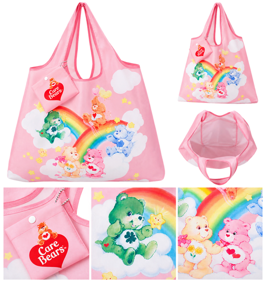 Care Bears pink rainbow tote bag with matching pouch on white background