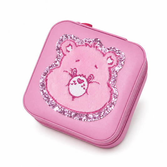 Care Bears pink travel jewellery box closed on white background