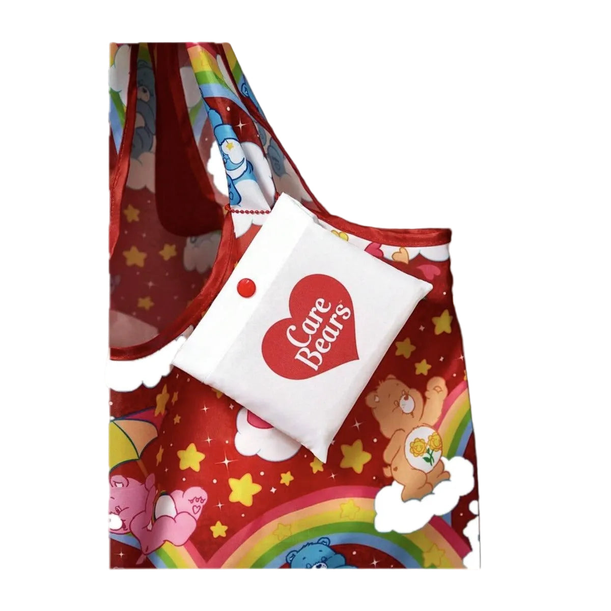 Care Bears red foldable tote bag and pouch on white background