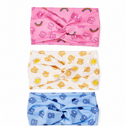 Pink, yellow and blue Care Bears twist headband colour options