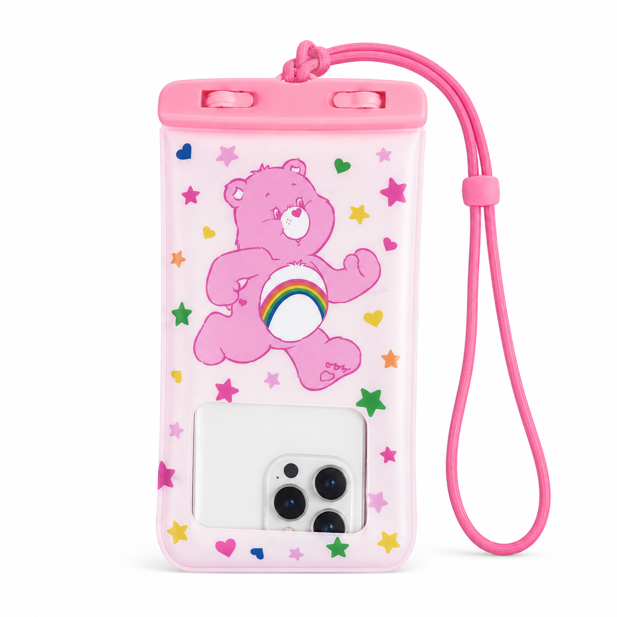 Pink Cheer Bear waterproof touchscreen phone pouch on white background