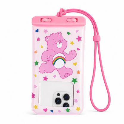 Pink Cheer Bear waterproof touchscreen phone pouch on white background