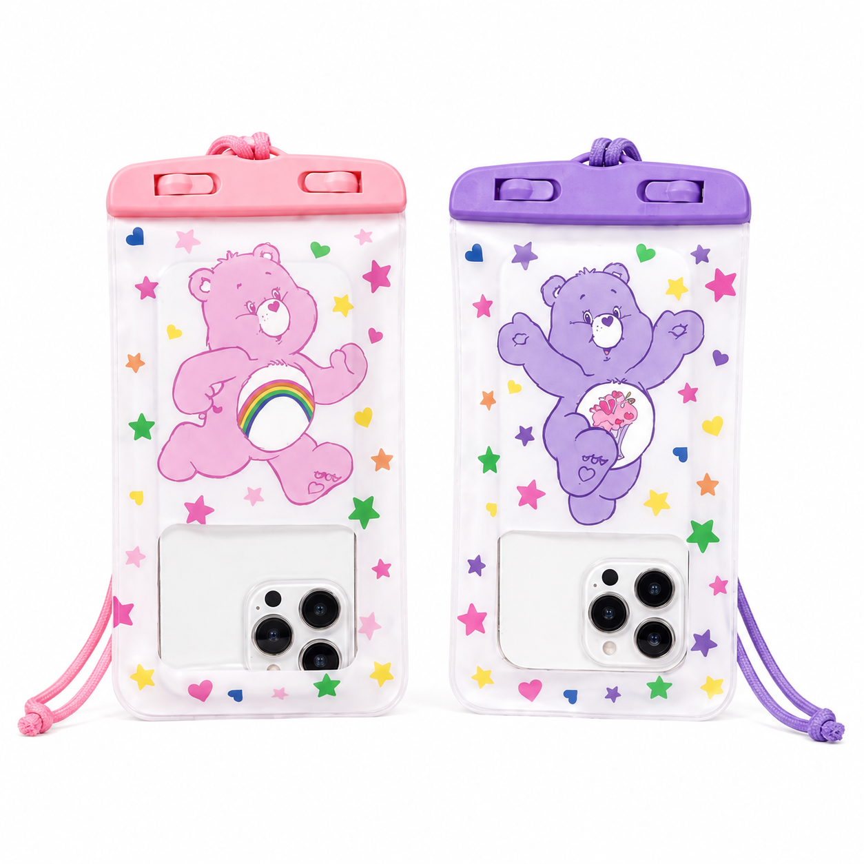 Pink Cheer Bear and purple Share Bear waterproof phone pouches on white background