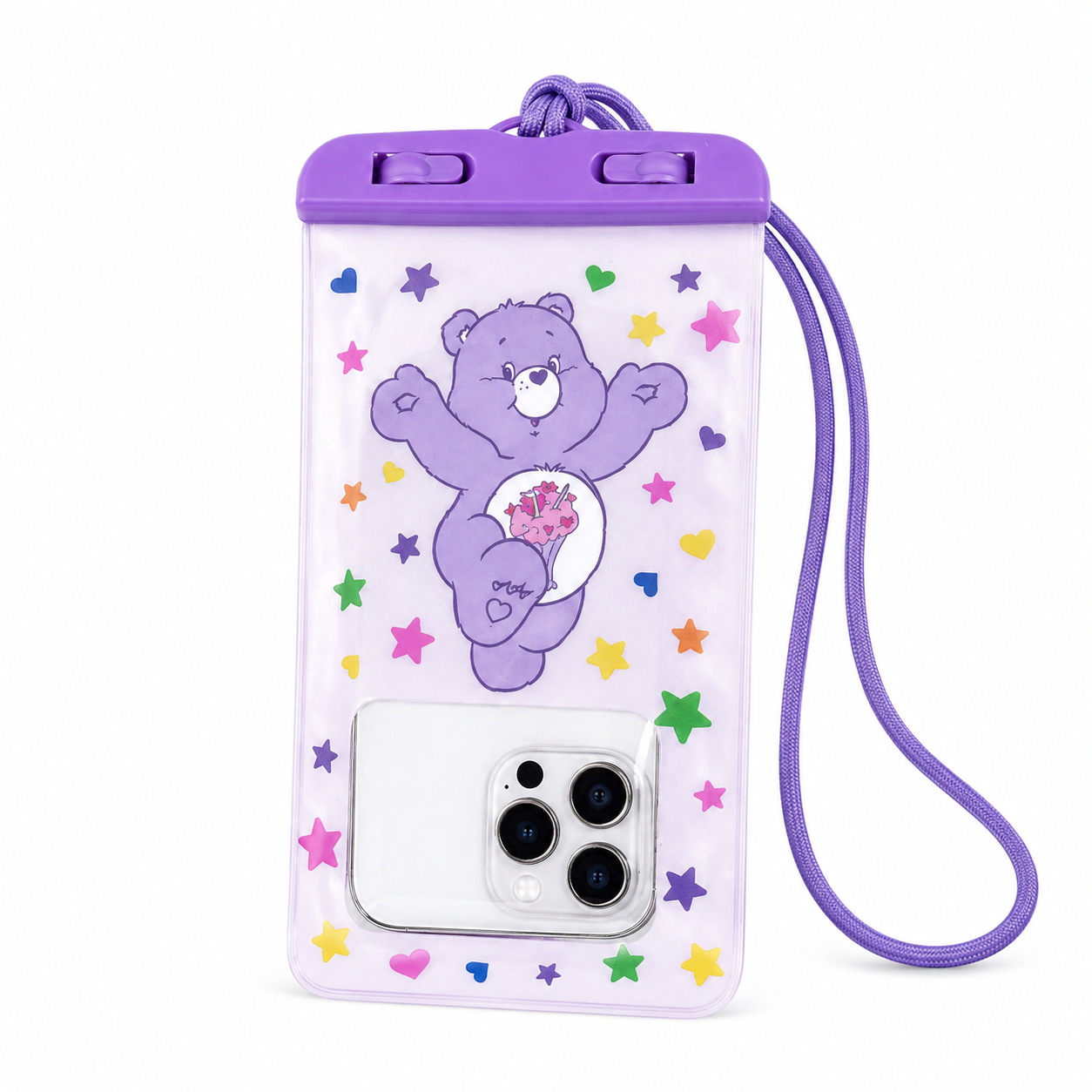 Purple Share Bear waterproof touchscreen phone pouch on white background