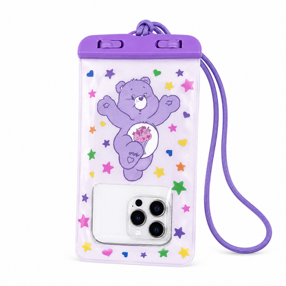 Purple Share Bear waterproof touchscreen phone pouch on white background