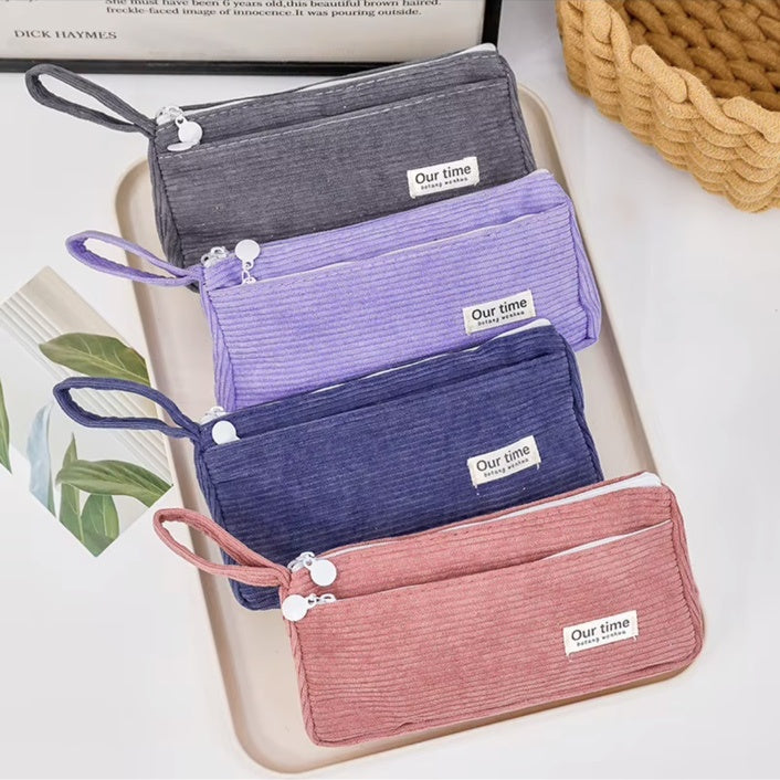 Pink, purple, blue and gray corduroy pencil cases