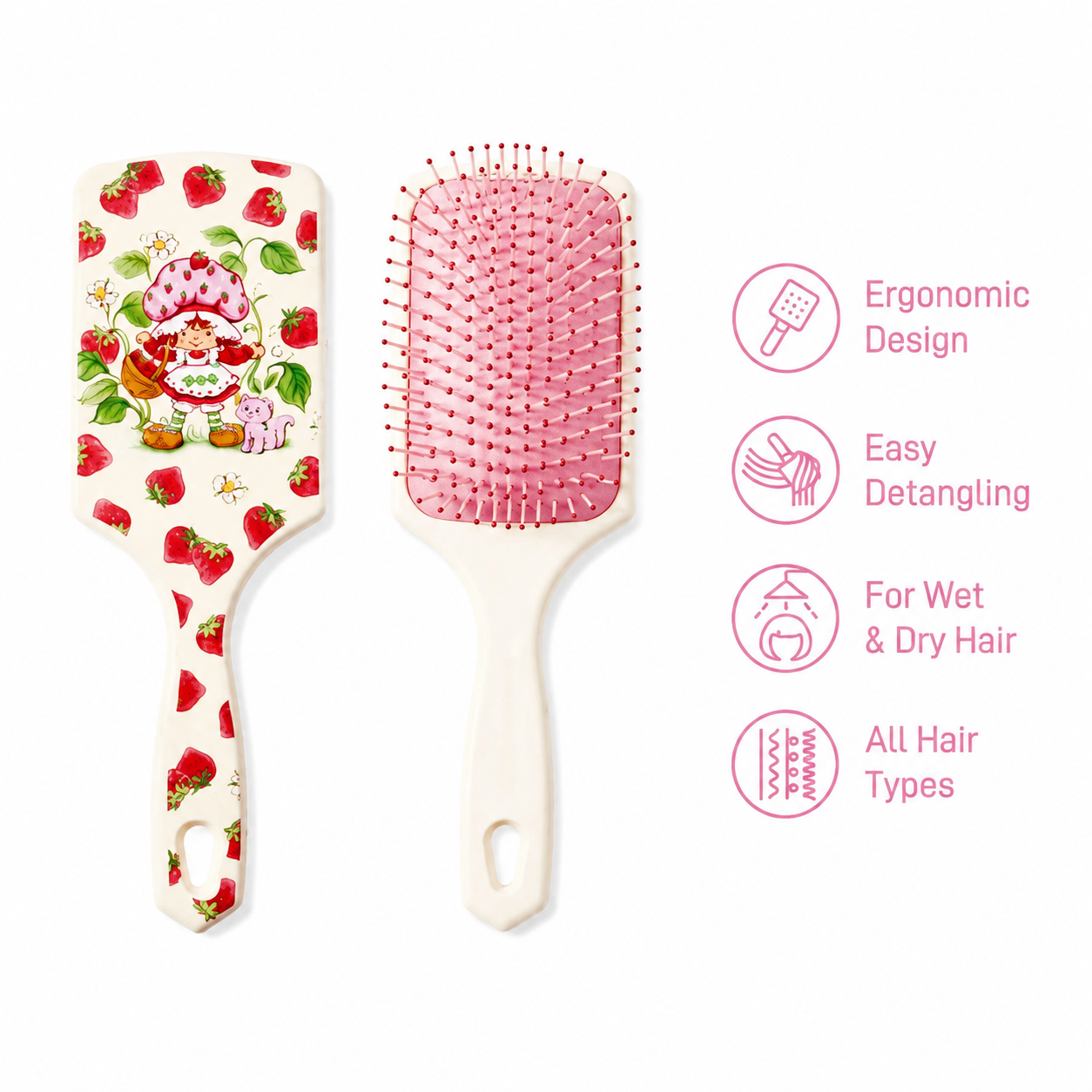 Strawberry Shortcake detangling brush feature view on white