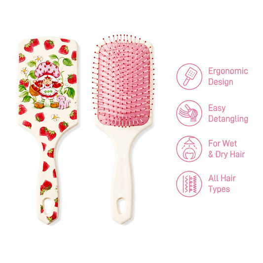 Strawberry Shortcake detangling brush feature view on white
