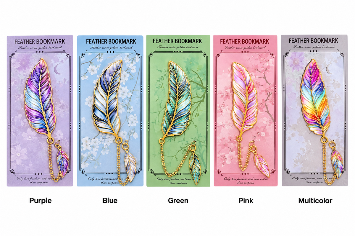 Five feather bookmark colour options: Purple, Blue, Green, Pink, Multicolor