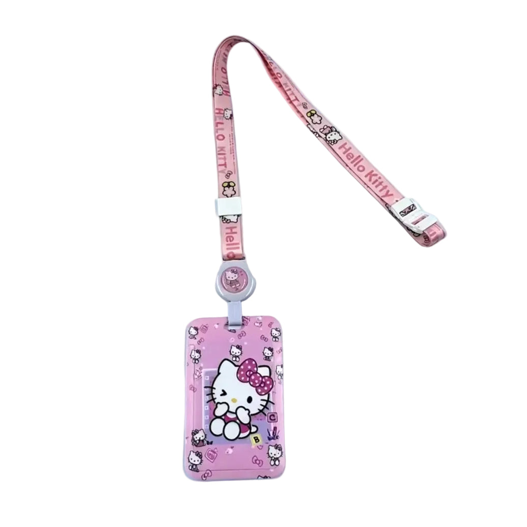 Pink Hello Kitty ID card holder lanyard front view on white background