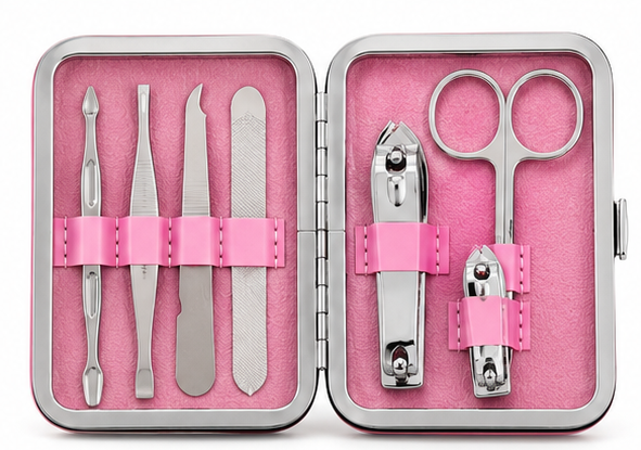 Hello Kitty 7-piece nail care manicure set open with tools on white background