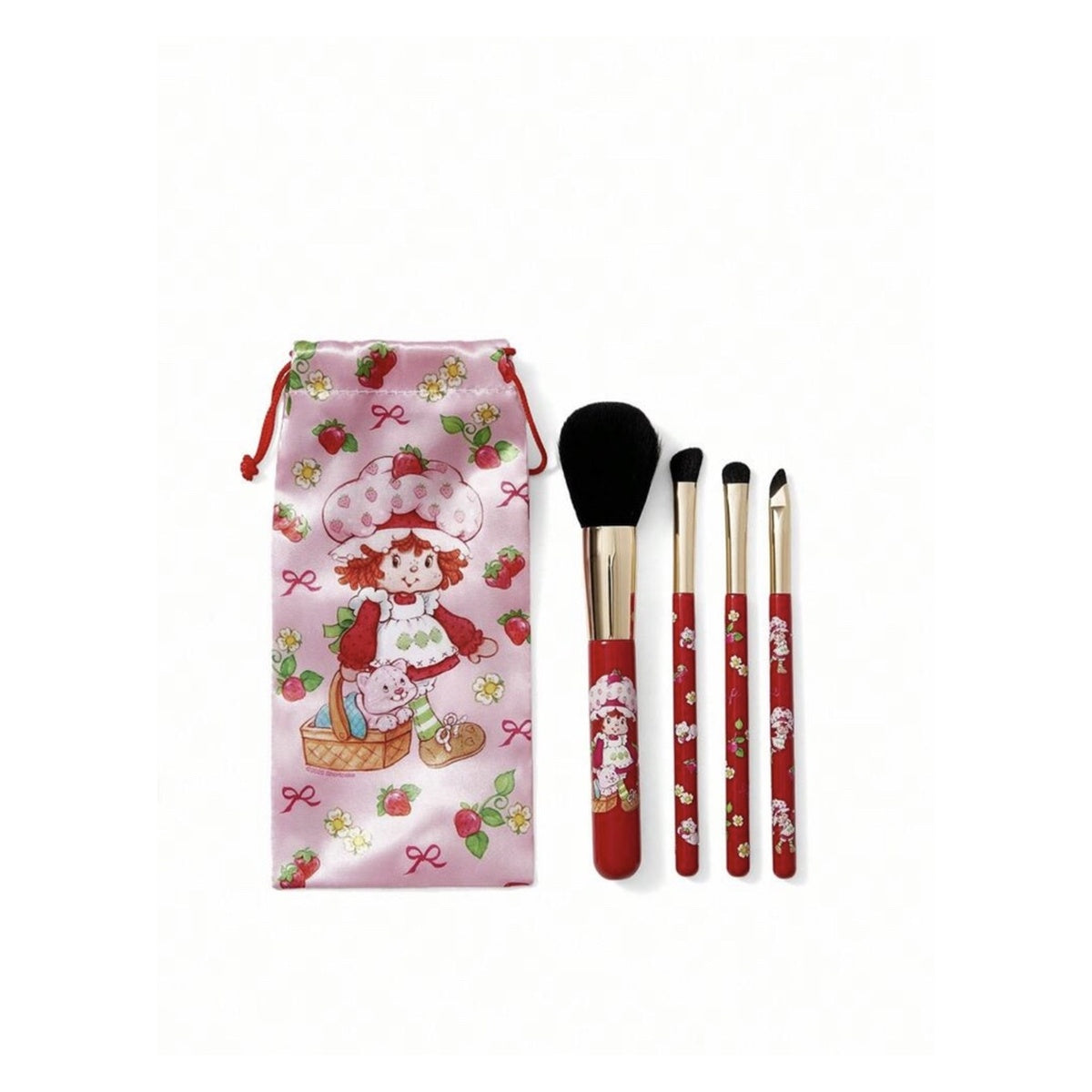 Strawberry Shortcake 5-piece makeup brush set with pouch on clean white background