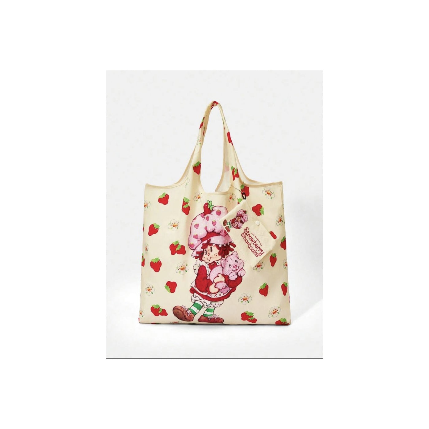 Strawberry Shortcake beige tote bag front view with matching pouch