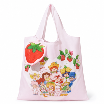 Strawberry Shortcake foldable tote bag with strawberry pouch on white background