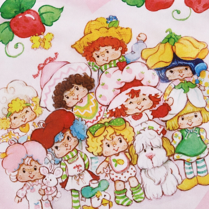Close-up of Strawberry Shortcake character print on foldable tote bag