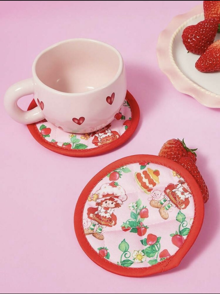 Strawberry Shortcake round coasters with cup and strawberries