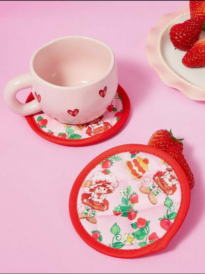 Strawberry Shortcake round coasters with cup and strawberries