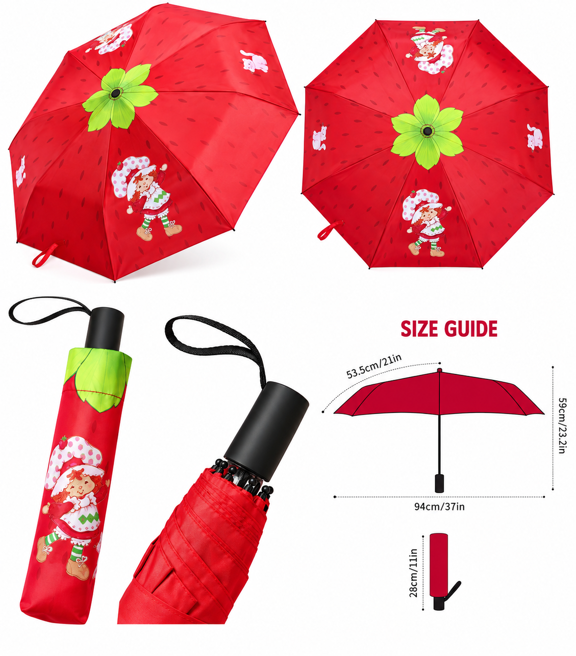 Strawberry Shortcake compact red umbrella with matching sleeve and size guide