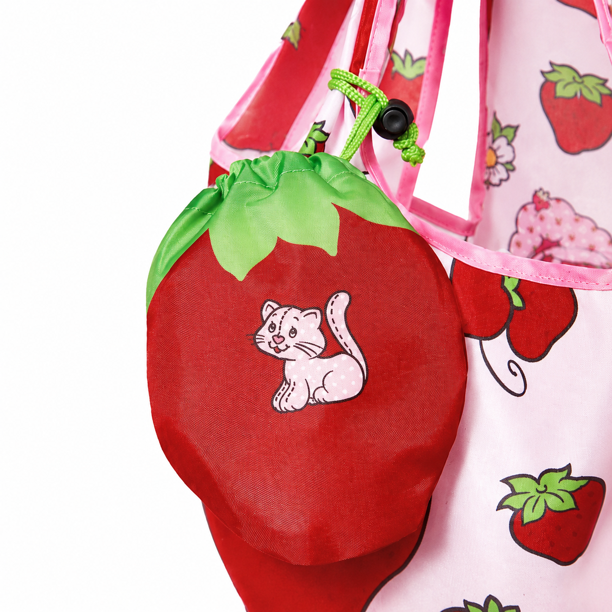 Strawberry-shaped storage pouch detail with Custard cat print