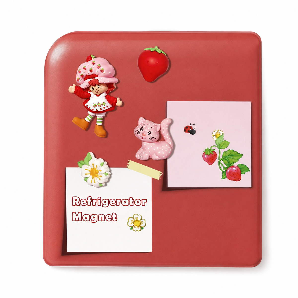 Strawberry Shortcake refrigerator magnets displayed on a magnetic surface