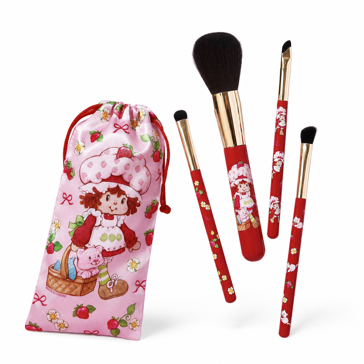 Strawberry Shortcake makeup brush set with drawstring pouch on white background