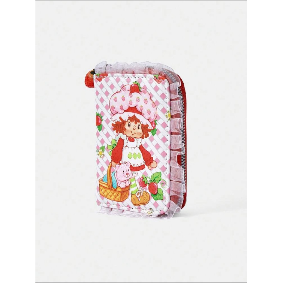 Strawberry Shortcake white gingham lace zip wallet angled view