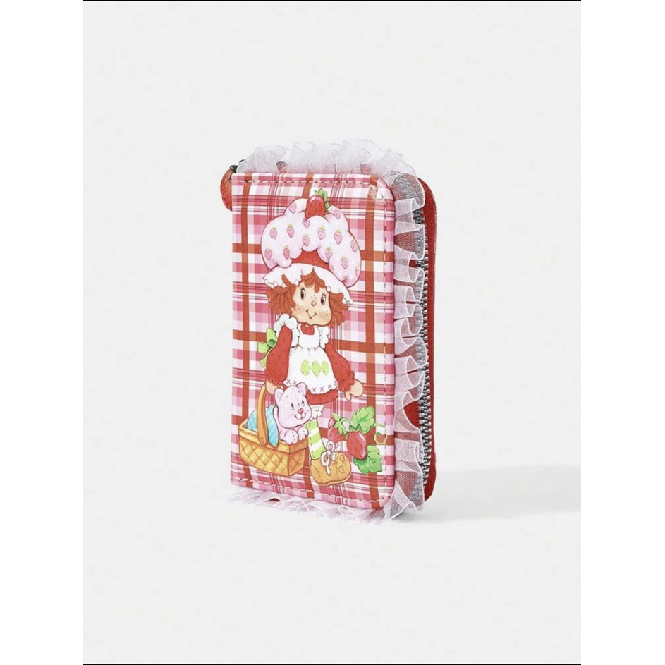 Strawberry Shortcake pink plaid lace zip wallet angled view