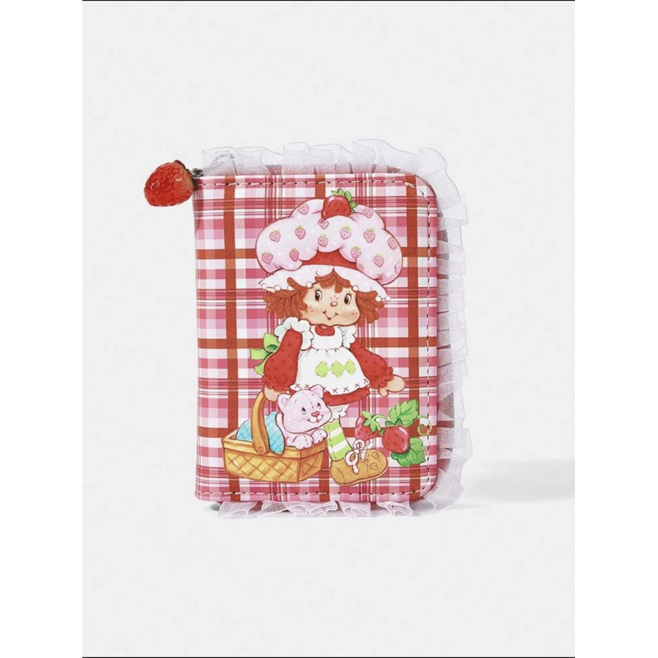 Strawberry Shortcake pink plaid lace zip wallet front view