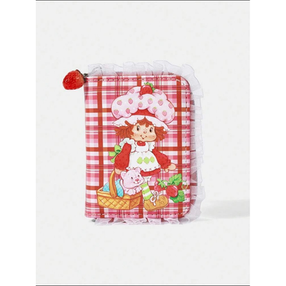 Strawberry Shortcake pink plaid lace zip wallet front view