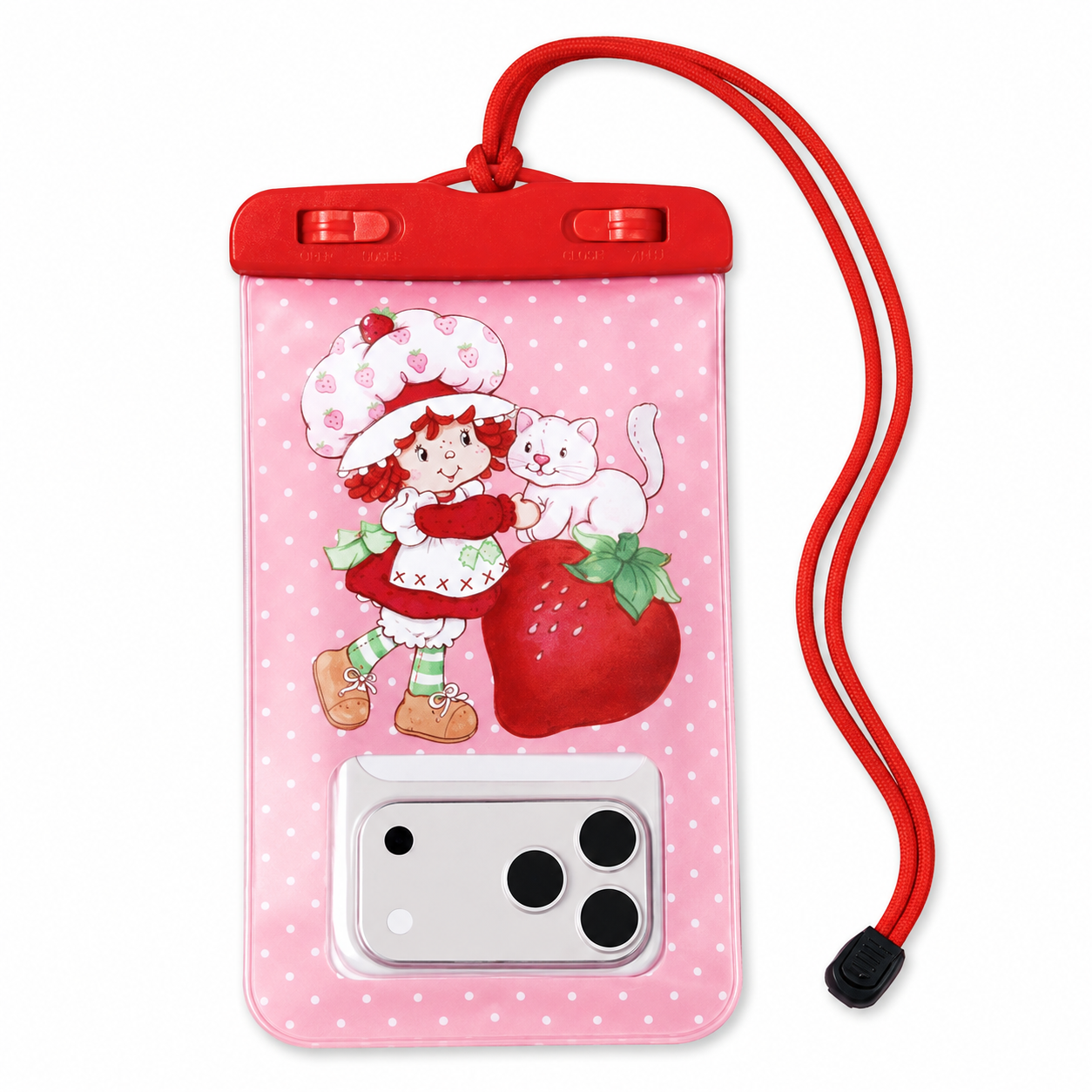 Strawberry Shortcake waterproof touchscreen phone pouch with red neck cord